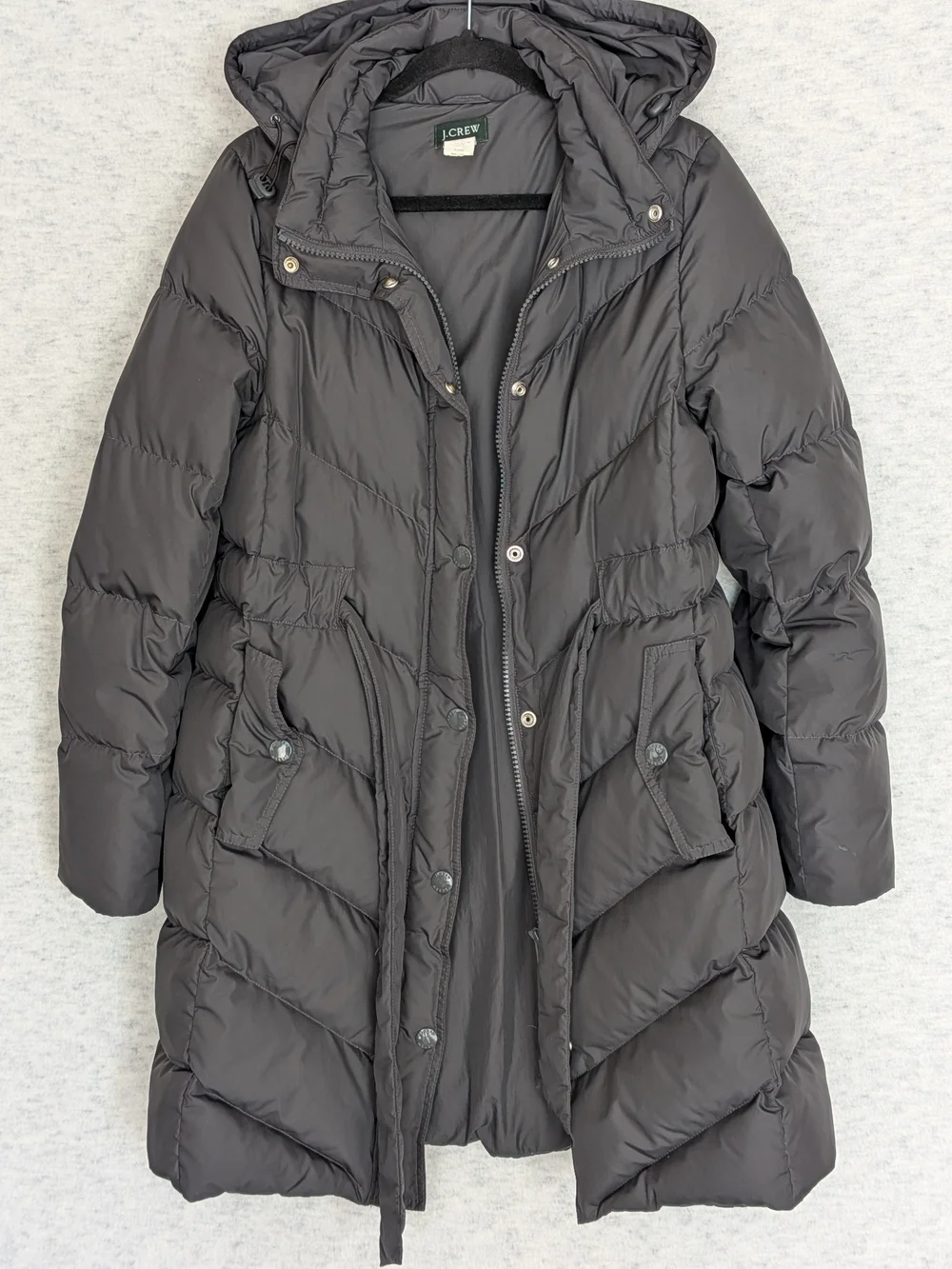 J.CREW Down Puffer Coat Belted Hooded Parka Jacket Black Size M Mid-Thigh Length